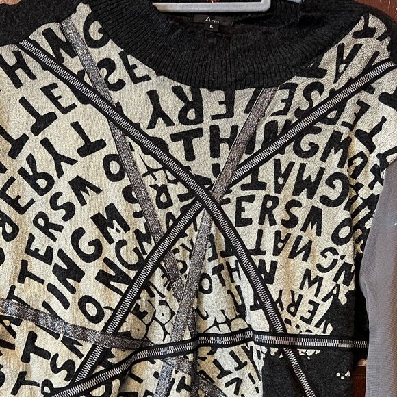 Aria Black & Grey Graphic Knit Top with Mesh Sleeves & Silver Accents - Large - Picture 2 of 11